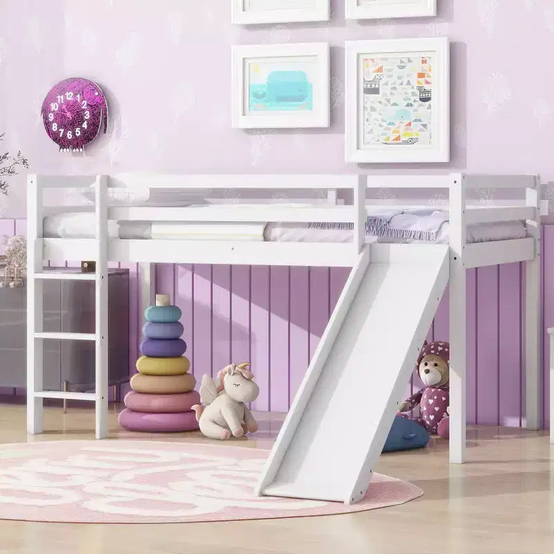 MAYEERTY Letto a soppalco basso singolo con scivolo, scaletta, spondine di sicurezza, colore bianco