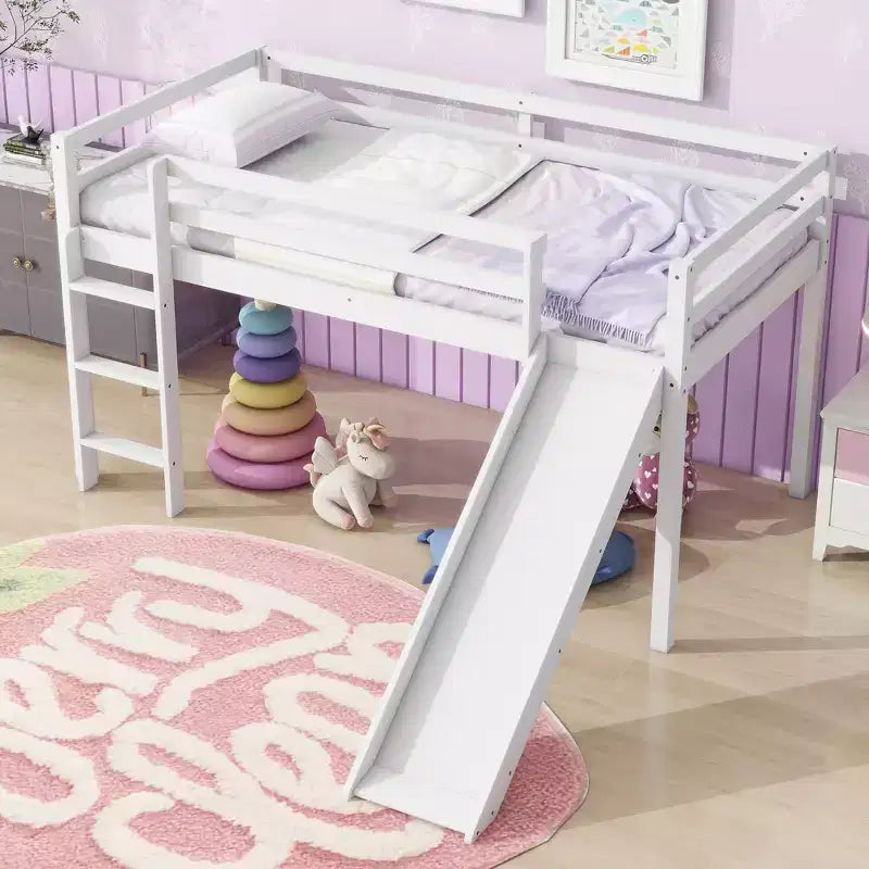 MAYEERTY Letto a soppalco basso singolo con scivolo, scaletta, spondine di sicurezza, colore bianco