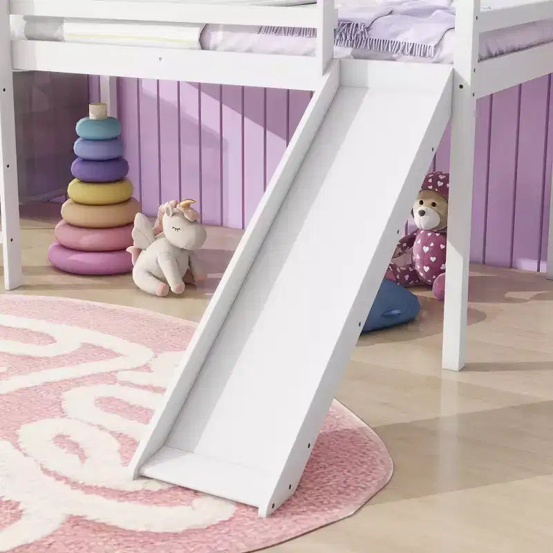 MAYEERTY Letto a soppalco basso singolo con scivolo, scaletta, spondine di sicurezza, colore bianco
