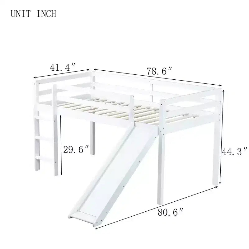 MAYEERTY Letto a soppalco basso singolo con scivolo, scaletta, spondine di sicurezza, colore bianco