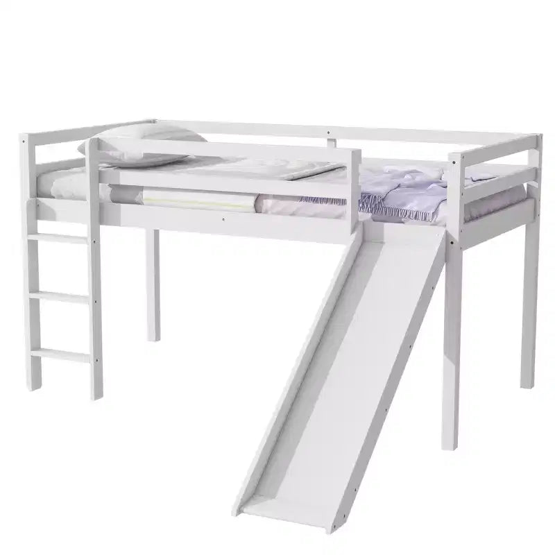 MAYEERTY Letto a soppalco basso singolo con scivolo, scaletta, spondine di sicurezza, colore bianco