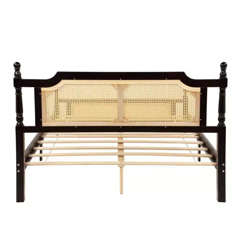 Letto matrimoniale MAYEERTY con testiera in rattan, due cassetti portaoggetti, letto in legno di gomma marrone