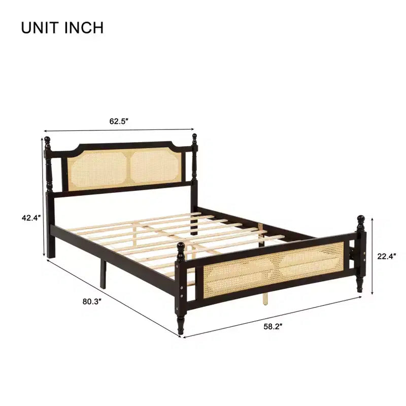 Letto matrimoniale MAYEERTY con testiera in rattan, due cassetti portaoggetti, letto in legno di gomma marrone