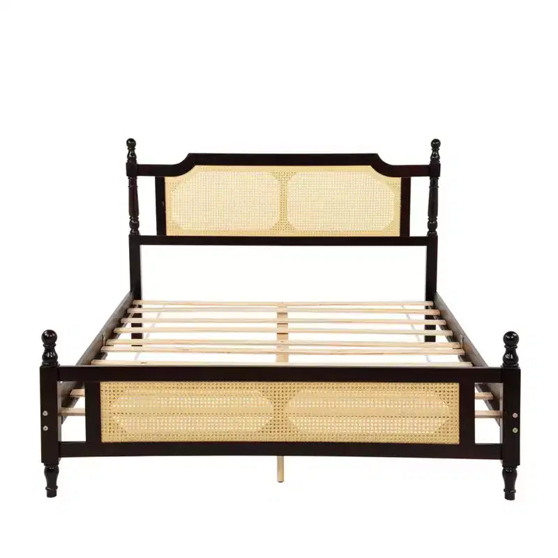 Letto matrimoniale MAYEERTY con testiera in rattan, due cassetti portaoggetti, letto in legno di gomma marrone