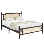 Letto matrimoniale MAYEERTY con testiera in rattan, due cassetti portaoggetti, letto in legno di gomma marrone