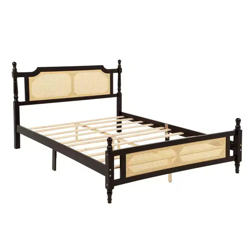Letto matrimoniale MAYEERTY con testiera in rattan, due cassetti portaoggetti, letto in legno di gomma marrone