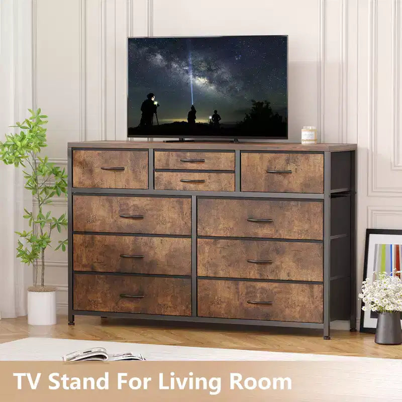 Cassettiera con 10 Cassetti in Tessuto, Mobile TV per Televisori da 50 Pollici, Tavolino Porta TV con Contenitore, Mobili per Soggiorno