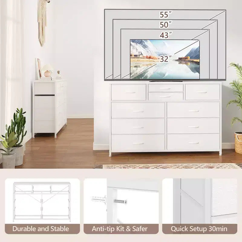 Cassettiera con 10 Cassetti in Tessuto, Mobile TV per Televisori da 50 Pollici, Tavolino Porta TV con Contenitore, Mobili per Soggiorno