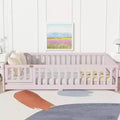 MAYEERTY Full Floor Bed with Fence and Door, Rubber Wood Bed Guardrails Pink