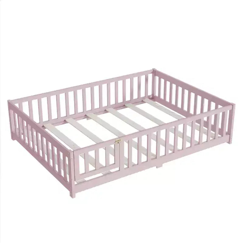 MAYEERTY Letto Completo a Pavimento con Recinzione e Porta, Sponde in Legno di Gomma Rosa