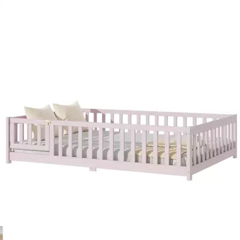MAYEERTY Letto Completo a Pavimento con Recinzione e Porta, Sponde in Legno di Gomma Rosa