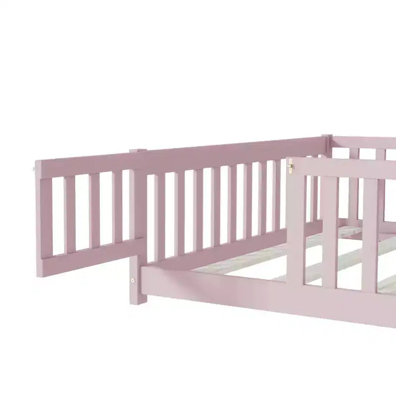 MAYEERTY Letto Completo a Pavimento con Recinzione e Porta, Sponde in Legno di Gomma Rosa