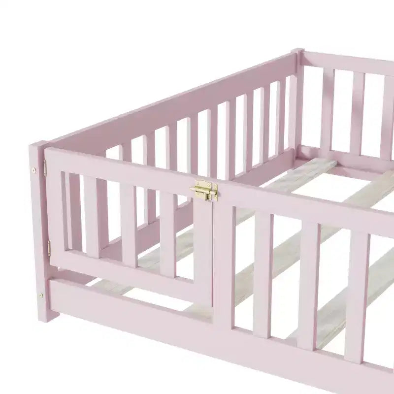 MAYEERTY Letto Completo a Pavimento con Recinzione e Porta, Sponde in Legno di Gomma Rosa