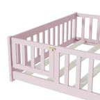 MAYEERTY Letto Completo a Pavimento con Recinzione e Porta, Sponde in Legno di Gomma Rosa