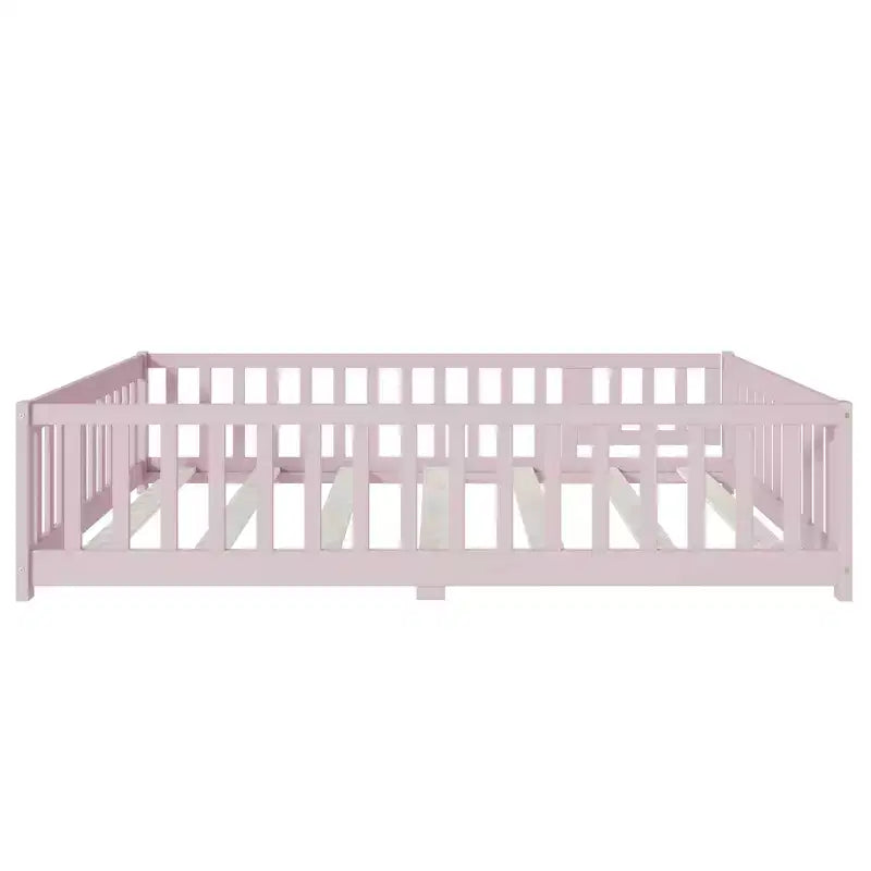 MAYEERTY Letto Completo a Pavimento con Recinzione e Porta, Sponde in Legno di Gomma Rosa