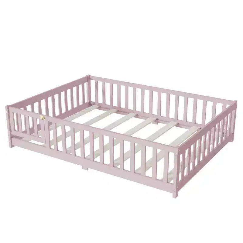 MAYEERTY Letto Completo a Pavimento con Recinzione e Porta, Sponde in Legno di Gomma Rosa