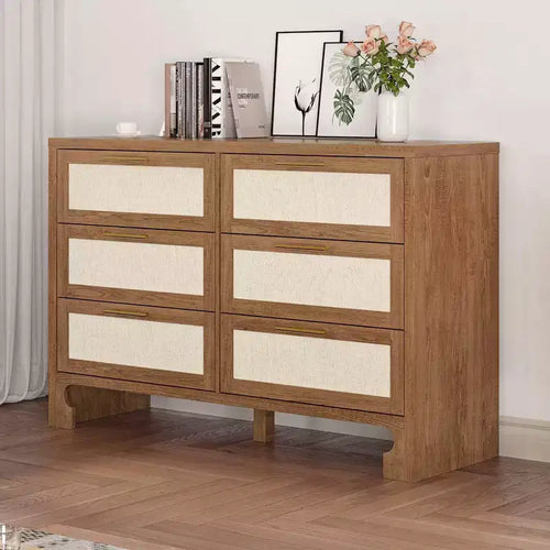 6 Drawers for Bedroom, 47.2 Inch Chest of Dressers, Farmhouse Burlap Wide Closet Dressers Chest of Drawers Brown