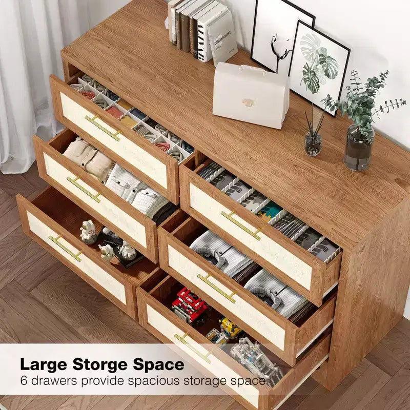 Cassettiera a 6 cassetti per camera da letto, cassettiera larga 120 cm, cassettiera ampia per armadio in tessuto di iuta stile rustico, colore marrone
