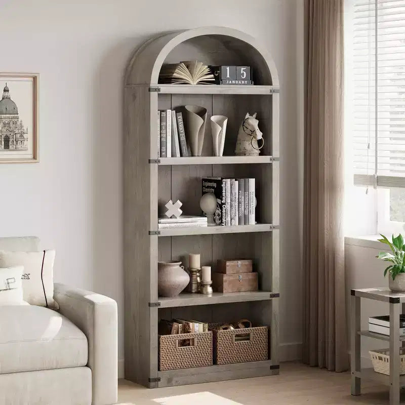 Libreria a 5 Ripiani Scaffale ad Arco 182 cm di Altezza Libreria Stile Fattoria Espositore Portaoggetti Scaffali in Legno per Ufficio Domestico, Soggiorno