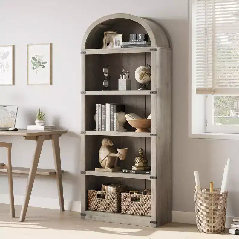 Libreria a 5 Ripiani Scaffale ad Arco 182 cm di Altezza Libreria Stile Fattoria Espositore Portaoggetti Scaffali in Legno per Ufficio Domestico, Soggiorno