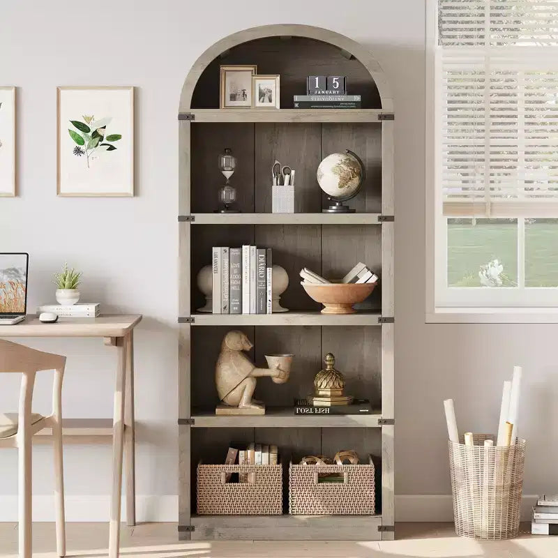 Libreria a 5 Ripiani Scaffale ad Arco 182 cm di Altezza Libreria Stile Fattoria Espositore Portaoggetti Scaffali in Legno per Ufficio Domestico, Soggiorno