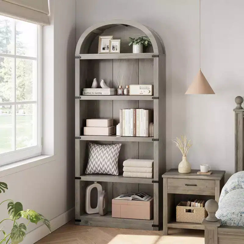 Libreria a 5 Ripiani Scaffale ad Arco 182 cm di Altezza Libreria Stile Fattoria Espositore Portaoggetti Scaffali in Legno per Ufficio Domestico, Soggiorno