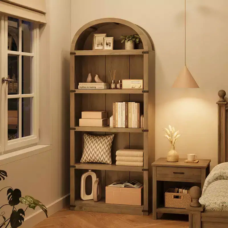 Libreria a 5 Ripiani Scaffale ad Arco 182 cm di Altezza Libreria Stile Fattoria Espositore Portaoggetti Scaffali in Legno per Ufficio Domestico, Soggiorno