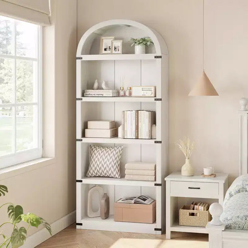 Libreria a 5 Ripiani Scaffale ad Arco 182 cm di Altezza Libreria Stile Fattoria Espositore Portaoggetti Scaffali in Legno per Ufficio Domestico, Soggiorno