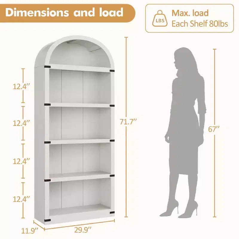 Libreria a 5 Ripiani Scaffale ad Arco 182 cm di Altezza Libreria Stile Fattoria Espositore Portaoggetti Scaffali in Legno per Ufficio Domestico, Soggiorno
