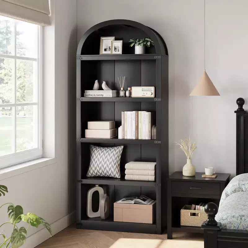 Libreria a 5 Ripiani Scaffale ad Arco 182 cm di Altezza Libreria Stile Fattoria Espositore Portaoggetti Scaffali in Legno per Ufficio Domestico, Soggiorno