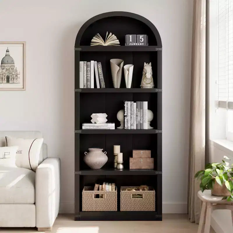 Bookcase 5 Shelf Arched Bookshelf 71.65in Tall Bookcase Farmhouse Display Storage Rack Wooden Bookshelves for Home Office, Living Room
