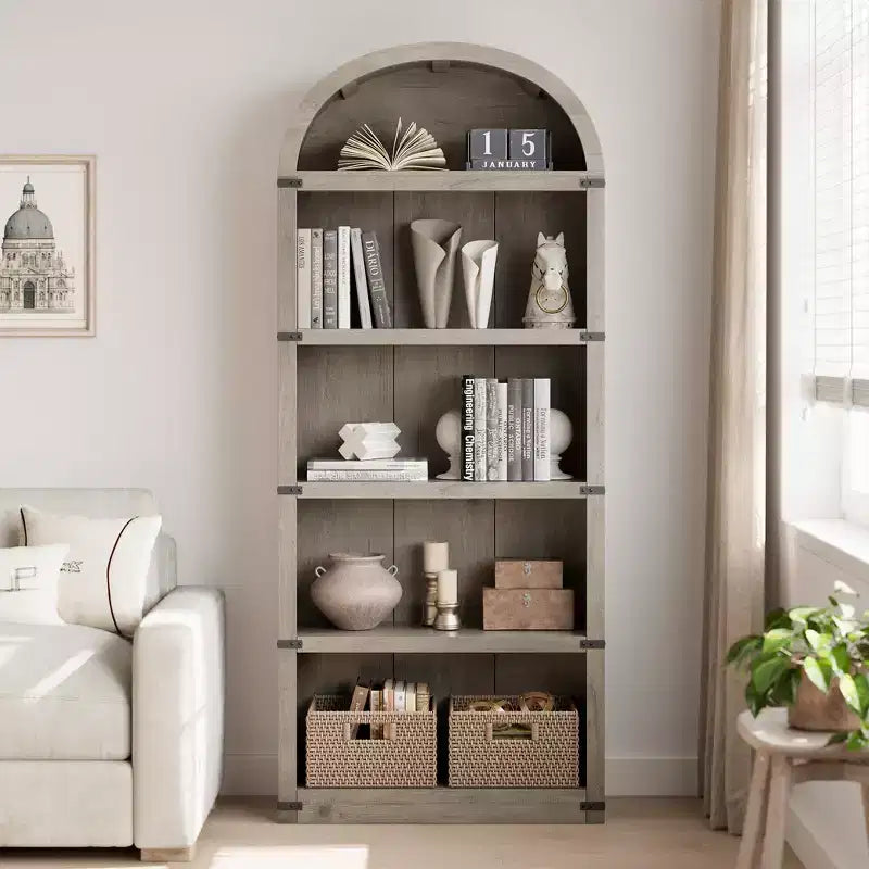 Libreria a 5 Ripiani Scaffale ad Arco 182 cm di Altezza Libreria Stile Fattoria Espositore Portaoggetti Scaffali in Legno per Ufficio Domestico, Soggiorno