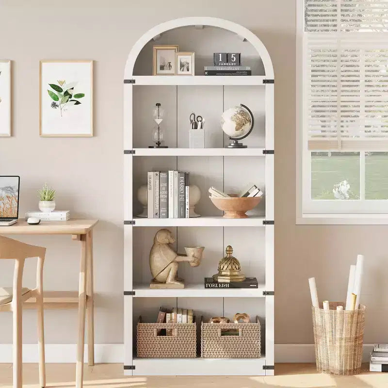 Libreria a 5 Ripiani Scaffale ad Arco 182 cm di Altezza Libreria Stile Fattoria Espositore Portaoggetti Scaffali in Legno per Ufficio Domestico, Soggiorno