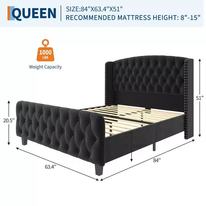 GustoWave Velvet Upholstered Platform Bed Frame, con testiera alettata trapuntata con bottoni profondi