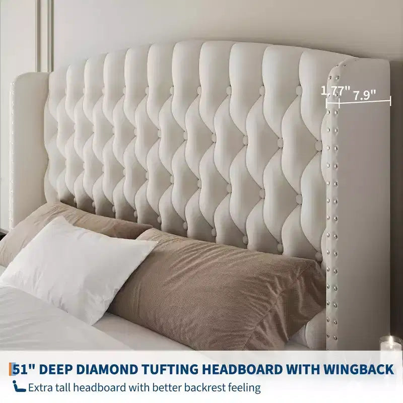 GustoWave Velvet Upholstered Platform Bed Frame, con testiera alettata trapuntata con bottoni profondi