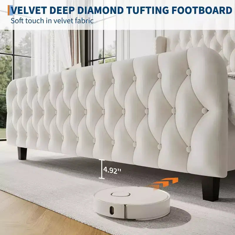 GustoWave Velvet Upholstered Platform Bed Frame, con testiera alettata trapuntata con bottoni profondi