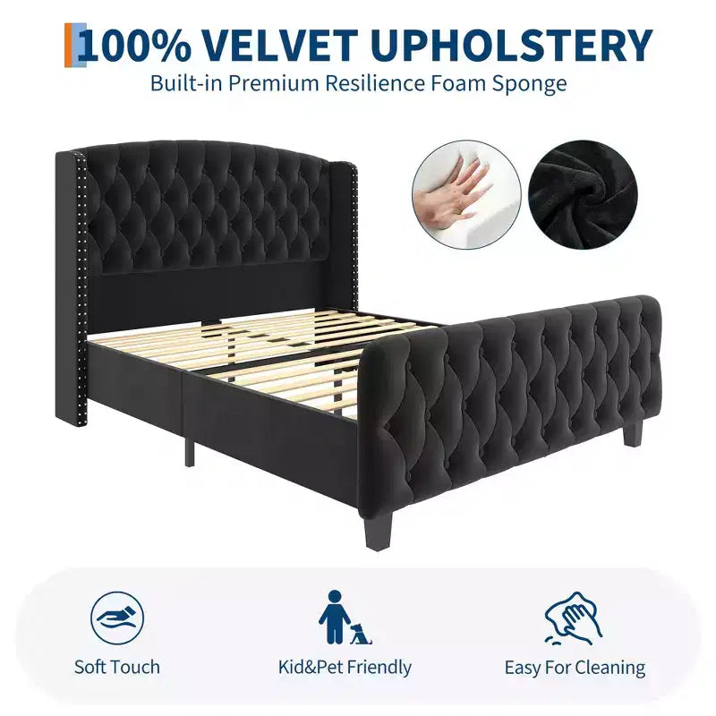 GustoWave Velvet Upholstered Platform Bed Frame, con testiera alettata trapuntata con bottoni profondi