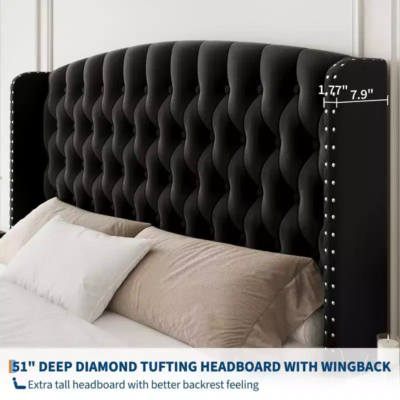 GustoWave Velvet Upholstered Platform Bed Frame, con testiera alettata trapuntata con bottoni profondi