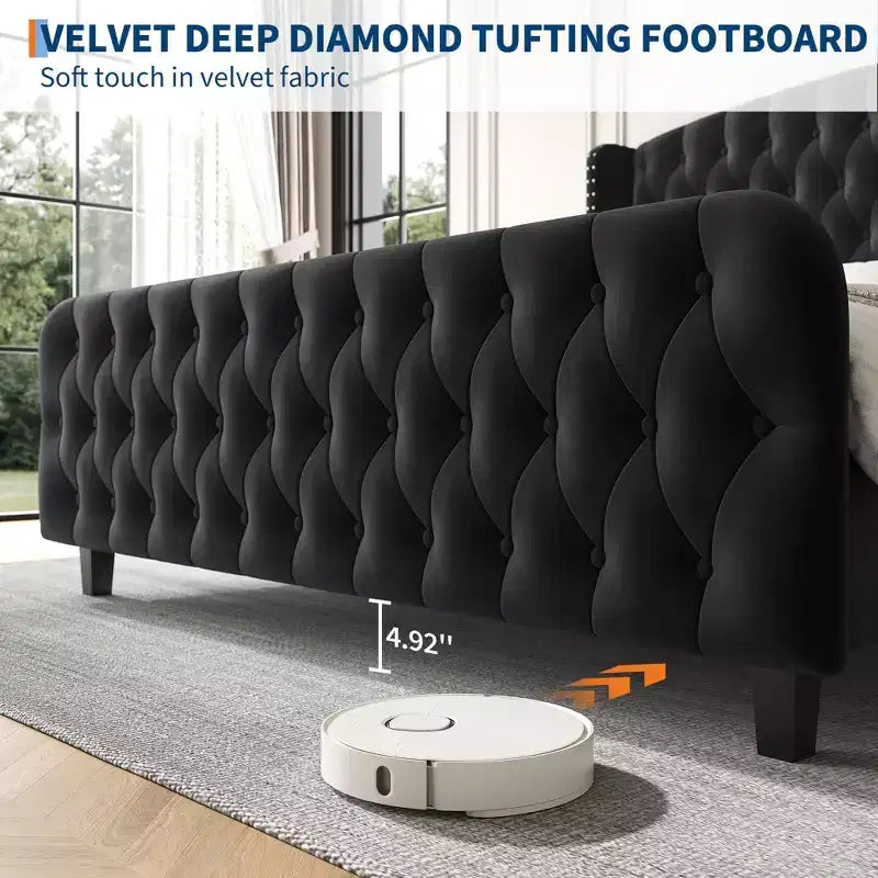 GustoWave Velvet Upholstered Platform Bed Frame, con testiera alettata trapuntata con bottoni profondi