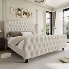GustoWave Velvet Upholstered Platform Bed Frame, with Deep Button Tufted Wingback Headboard