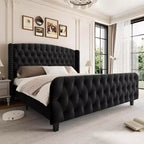 GustoWave Velvet Upholstered Platform Bed Frame, con testiera alettata trapuntata con bottoni profondi
