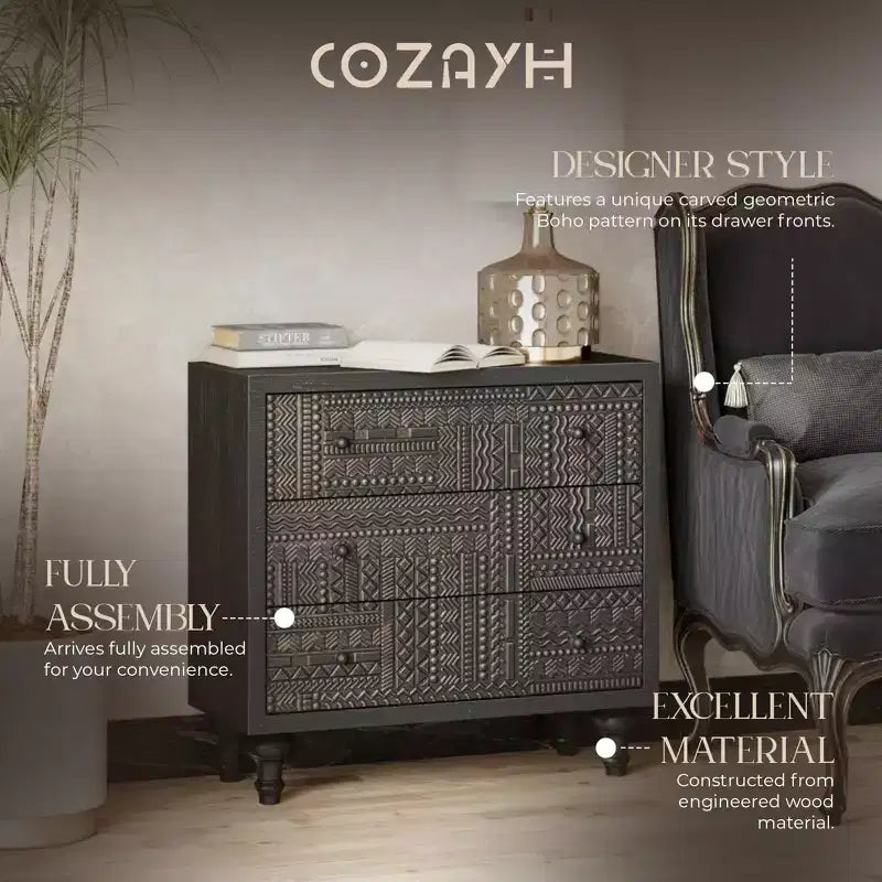 COZAYH Cassettiera da camera da letto in stile rustico a 3 cassetti con motivo geometrico, nera