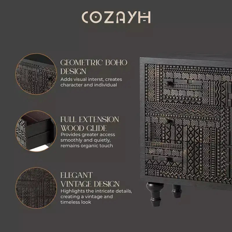 COZAYH Cassettiera da camera da letto in stile rustico a 3 cassetti con motivo geometrico, nera