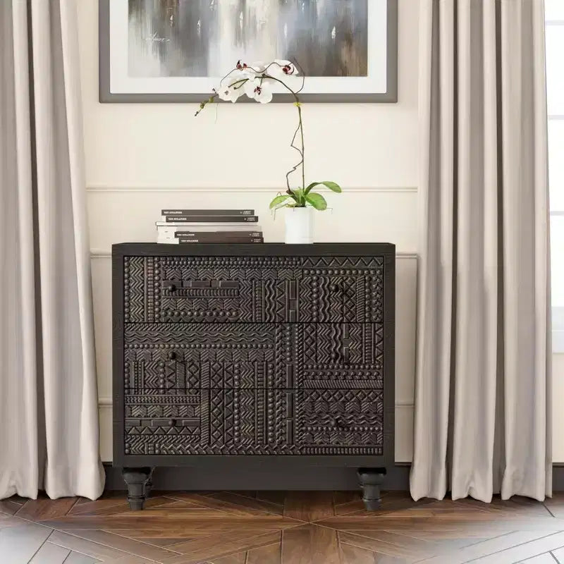 COZAYH Cassettiera da camera da letto in stile rustico a 3 cassetti con motivo geometrico, nera