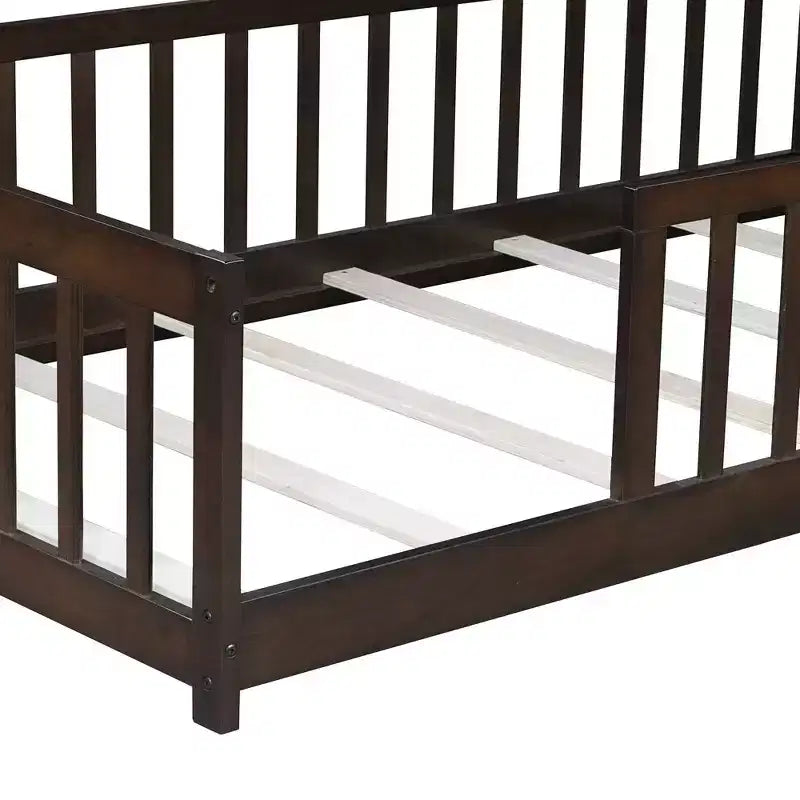 Whisen Letto Matrimoniale & Letto a Pavimento in Legno di Gomma con Recinzione Senza Porta, Letto a Pavimento Multifunzionale per il Sonno e il Gioco dei Bambini