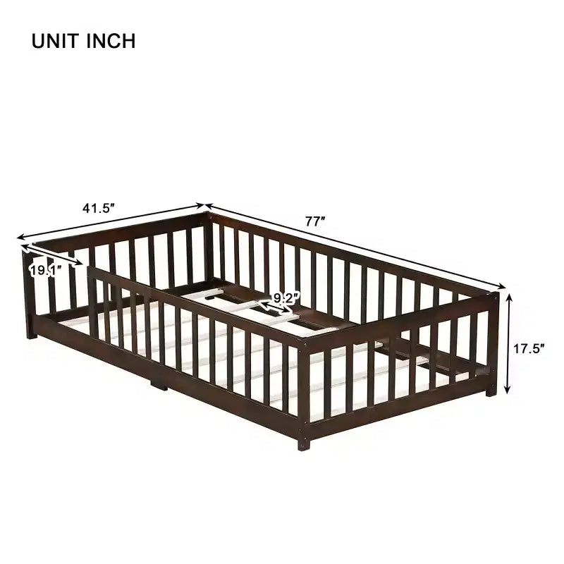 Whisen Letto Matrimoniale & Letto a Pavimento in Legno di Gomma con Recinzione Senza Porta, Letto a Pavimento Multifunzionale per il Sonno e il Gioco dei Bambini