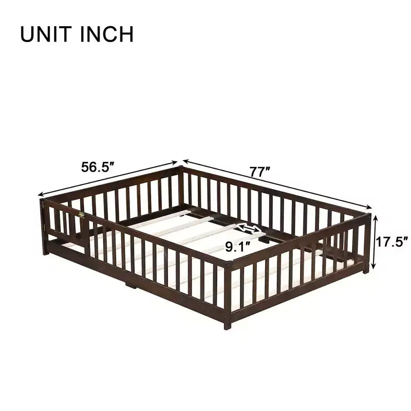 Whisen Letto Matrimoniale & Letto a Pavimento in Legno di Gomma con Recinzione Senza Porta, Letto a Pavimento Multifunzionale per il Sonno e il Gioco dei Bambini