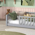 Whisen Letto Matrimoniale & Letto a Pavimento in Legno di Gomma con Recinzione Senza Porta, Letto a Pavimento Multifunzionale per il Sonno e il Gioco dei Bambini