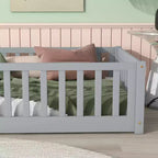 Whisen Letto Matrimoniale & Letto a Pavimento in Legno di Gomma con Recinzione Senza Porta, Letto a Pavimento Multifunzionale per il Sonno e il Gioco dei Bambini