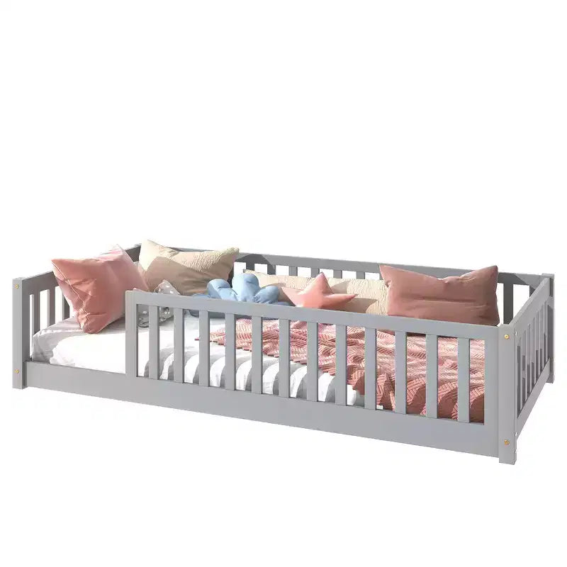 Whisen Letto Matrimoniale & Letto a Pavimento in Legno di Gomma con Recinzione Senza Porta, Letto a Pavimento Multifunzionale per il Sonno e il Gioco dei Bambini